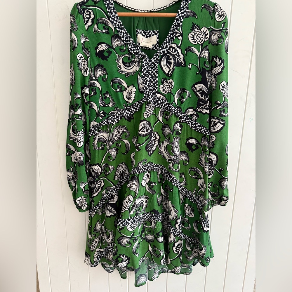 Anthropologie Green and Black Patterned Tiered with Ruffle trim Dress NEW XS